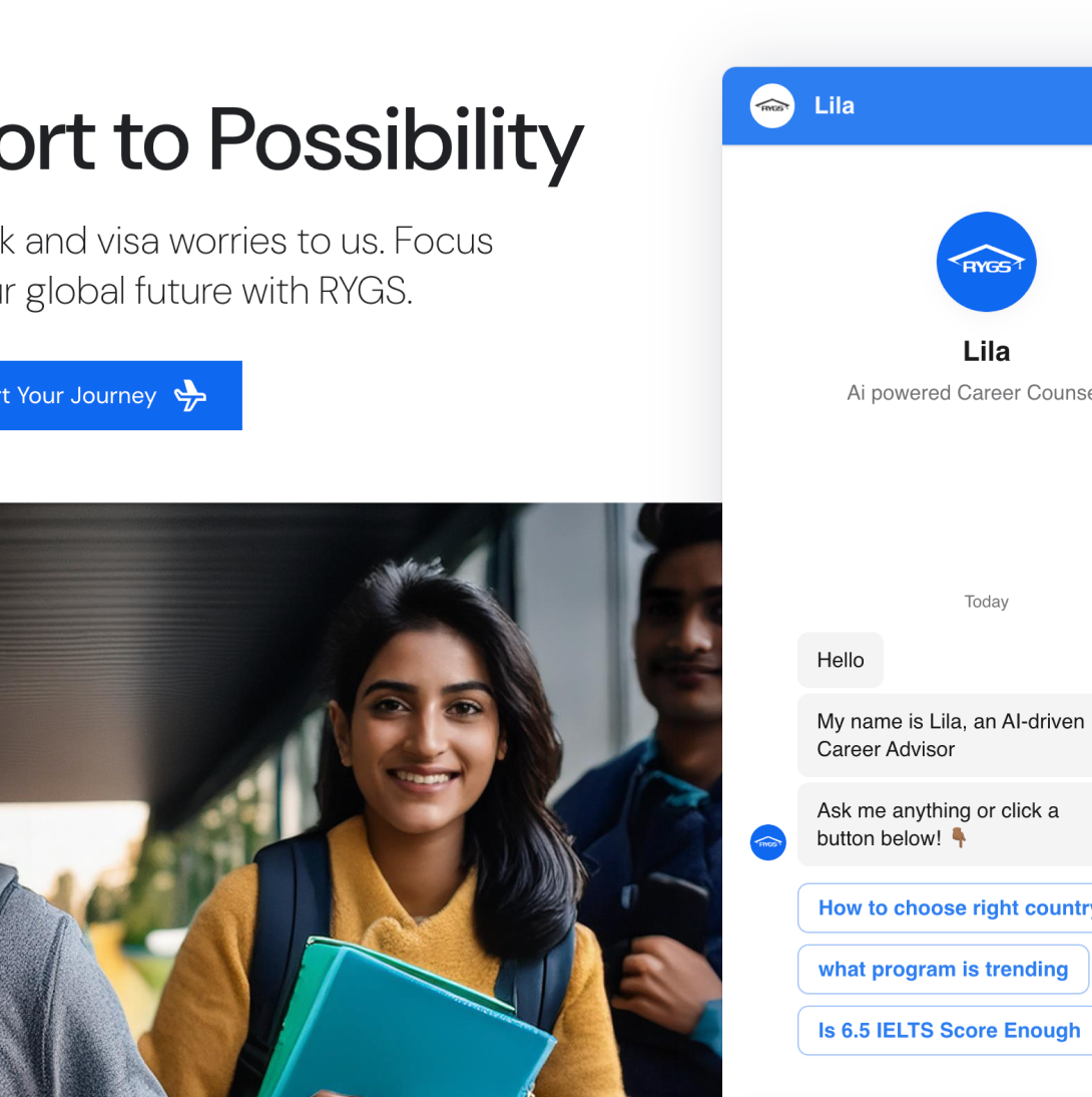 Thumbnail image of RYGS case study, the image is having the landing page image with an AI agent opened in it